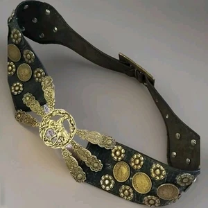 Vintage Argentine Leather Solid Brass Flower And Coin Belt, Removable Buckle - Picture 1 of 16