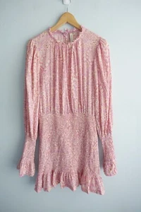 Bec & Bridge Mini Dress Womens size 10 Pink White Floral Shirred Boho Ruffle - Picture 1 of 21