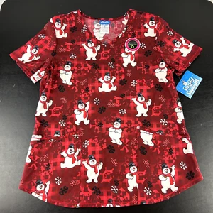 Scrubstar Women's Frosty the Snowman Jolly Red Plaid V-Neck Print Scrub Top - Picture 1 of 30