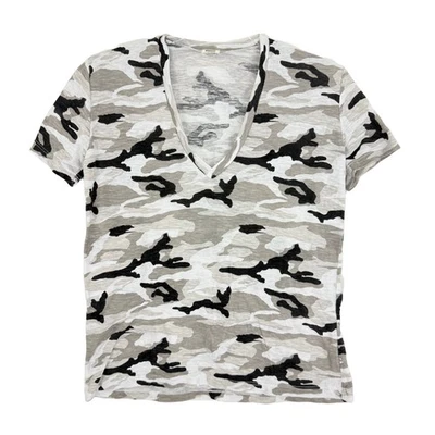Camiseta para mujer MONROW con estampado de camuflaje cuello en V XS gris manga corta informal usada en excelente estado B65 Foto 1 de 4