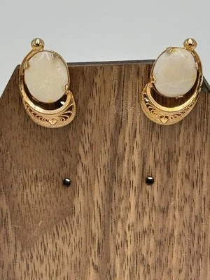 12k Gold Filled Screw Back Vintage Earrings With Opals And Filagree Design  - Image 1 of 4