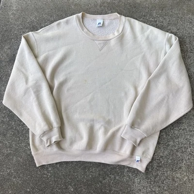 Sudadera de Colección Russell Athletic Marrón Beige Cuadrada en Blanco Cuello Redondo XL Hecha en EE. UU. Foto 1 de 4