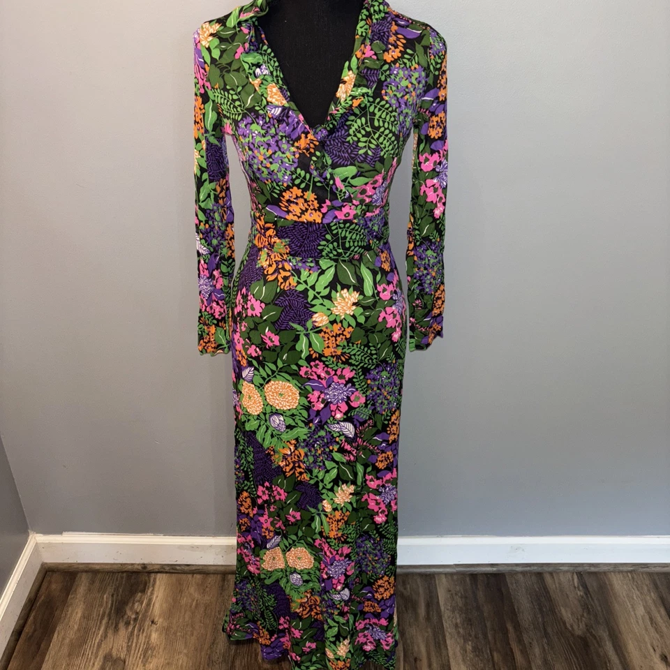 Maxi Vestido Vintage Años 70 Negro Floral Volantes Cuello en V Manga Larga Retro Hippy Talla S Foto 1 de 4