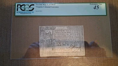 VA-166 TOP POP! Virginia Colonial Currency $7 Spanish Milled Dollars PCGS 45 Net - Image 1 of 4