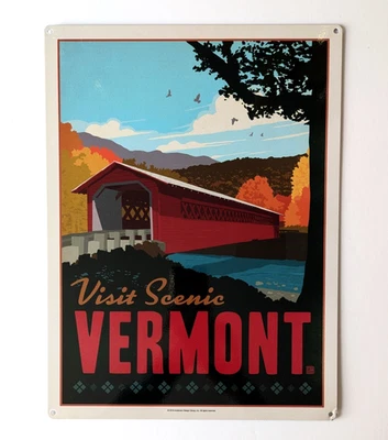 Retro Vermont Vtg Travel Poster 12"x16" Metal Sign Covered Bridge Autumn Leaves - Image 1 of 4
