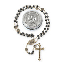 Antique Gold St Michael Black Hematite Stone Beads Rosary Necklace - Metal Box