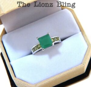 Gorgeous Silver Ring with Simulated Emerald Solitaire & Peridot Sz 7.25 or 9
