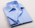 Men's Light Blue Elegant Striped Formal Business Dress Shirt Double Cuff
