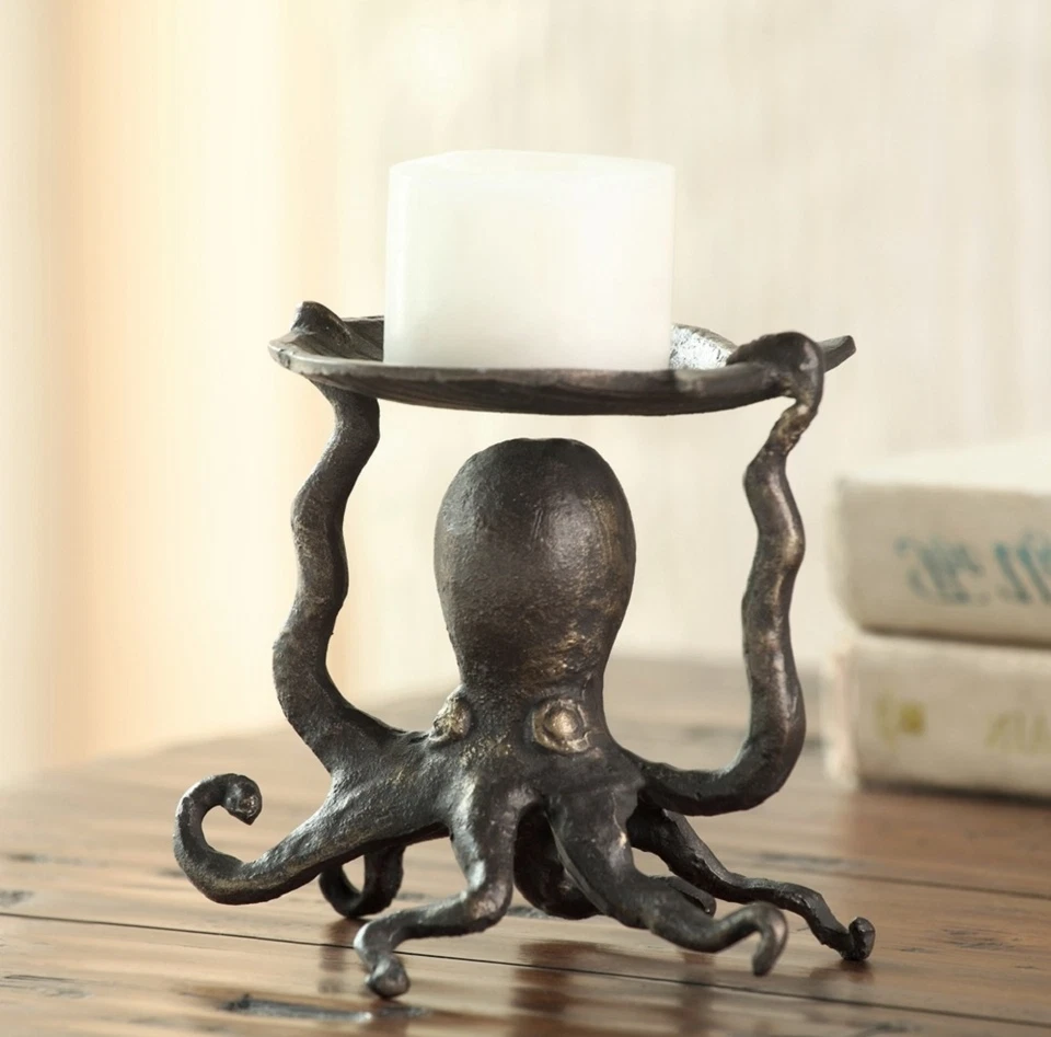 Octopus With Scallop Shell Pillar Candleholder Cast Iron Tabletop Decor SPI Home