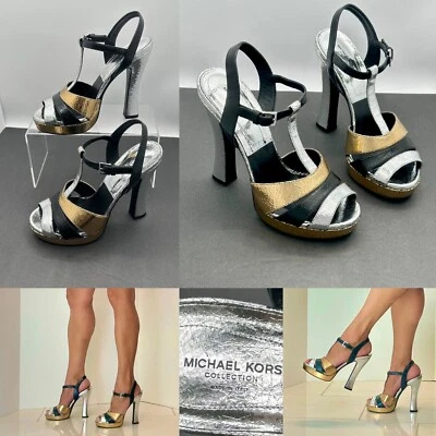 MICHAEL KORS ROSANNA Women Sandals SZ 7.5-8M 38 Tri-Metalic Crackled Leather Y2k - Image 1 of 4