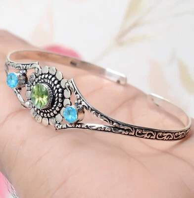 Green Peridot Cut & Blue Topaz Gemstone 925 Sterling Silver Bracelet For Wife - Image 1 of 4