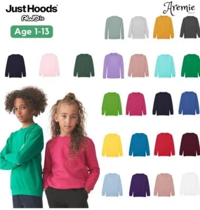 AWDis Kids Plain Crew Neck Sweatshirt | Unisex Childrens Casual Pullover Jumper - Picture 1 of 30