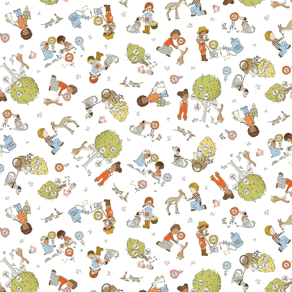 Michael Miller Be Kind Kindness Children Animals Planting Fabric  BTY x 45" - Image 1 of 1