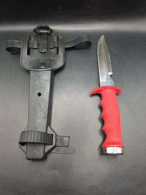 Cuchillo de buceo Dacor de acero inoxidable Japón Buzos con FUNDA mango rojo vintage Foto 1 de 4