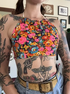 Top Halter Floral Psicodélico Neón Brillante Años 70 Años 60 S Hippie Boho💐 Foto 1 de 3