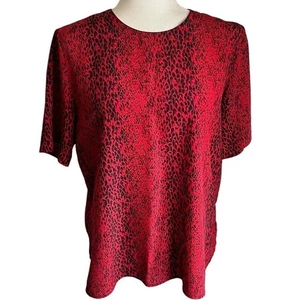 90s Vintage Kathy Che Red & Black Animal Print Blouse Size L Short Sleeve Office - Picture 1 of 23