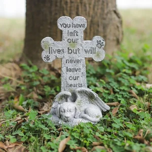 Dog Memorial Statue Sleeping Dog Angel Cross Tombstone Grave Markers for Dece - Picture 1 of 8