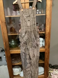 HAND DYED LIGHT MOCHA MAGNOLIA ROSE COTTON CROCHET ADJUSTABLE OVERALLS 44” waist - Picture 1 of 10