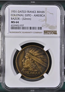 1931-DATED FRANCE BRASS COLONIAL EXPOSITION-AMERICA BAZOR (32mm) NGC MS64 - Picture 1 of 2
