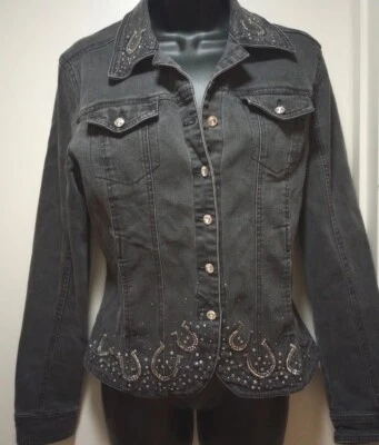 Christine Alexander Black Denim Rhinestone Crystal  Horseshoe Tapered Jacket M Foto 1 de 4