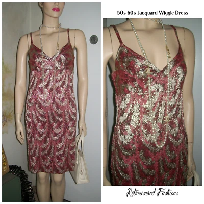 ⭐️Vintage Jacquard 1960s/50s Silver Pink Red Wiggle Dress Rockabilly Pinup Tiki - Image 1 of 4
