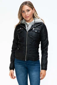 YMI Women Jacket Black Faux Leather Removable Fuzzy Hood Layered Biker - Picture 1 of 25