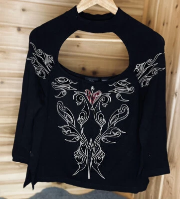 Suéter tribal negro Harley Davidson vintage Y2K con detalles de terciopelo y corazones talla XL Foto 1 de 4