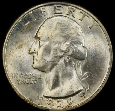 SPECTACULAR RARE US 1936 D WASHINGTON SILVER QUARTER HIGH GRADE PCGS MS64+ - Image 1 of 4