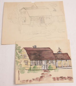 Farm Scene New England Famhouse Weathervane Watercolor ~7.5 x 9.5" VINTAGE A002