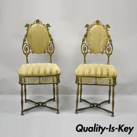 Antique Victorian Bronze Brass Parlor Salon Accent Chair Oscar Bach Style - Pair Cover