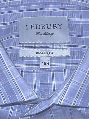 全新 $135 Ledbury 精美衬衫经典合身棉质蓝色格子正装衬衫 15.5 — 第 1/4 张图片