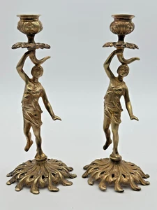 Paar Vintage Jugendstil Kerzenständer vergoldet Messing Frau Wasserträgerin - Bild 1 von 8