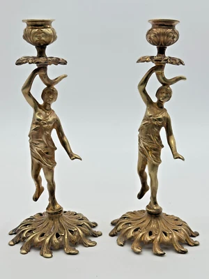 Pair Vintage Art Nouveau Gilt Brass Candlestick Holder Woman Water Bearer - Image 1 of 4