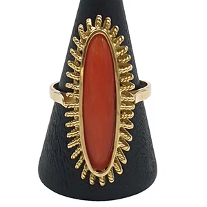 Vintage 60s Ring Mediterranean Coral In 18K Solid Gold Made In Italy - Picture 1 of 12