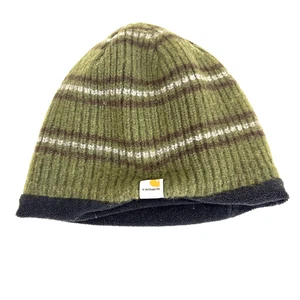 Carhartt grün gestreifte Fleece gefütterte Strickmütze Erwachsene Einheitsgröße Beanie Lammwolle - Bild 1 von 2