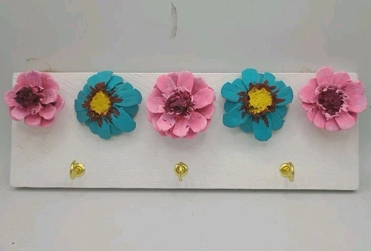 Handcrafted  Painted Pine Cone Flower Art Utility Hook Board 10"X3.5" - Image 1 of 4