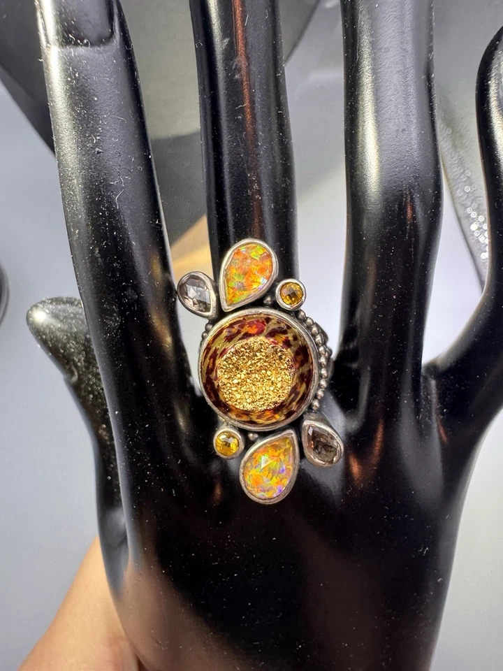 Anillo Sajen Plata Astral Leopardo Ópalo de Fuego Drusy Cuarzo Multi Piedras Preciosas Talla 7.75 B Foto 1 de 4