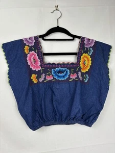 Asos Denim Cropped Sleeveless Top, Embroidered, Indigo Mix Size 6 - Picture 1 of 5