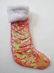 Nicole Miller Home Kids Girls Pink Sequins Christmas Stocking White Fur Cuff 20" - Picture 1 of 4