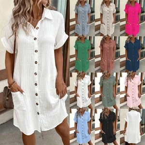 Mujeres Lino Algodón Manga Corta Camisas Vestido Abotonado Informal Vestidos Talla Grande - Imagen 1 de 28
