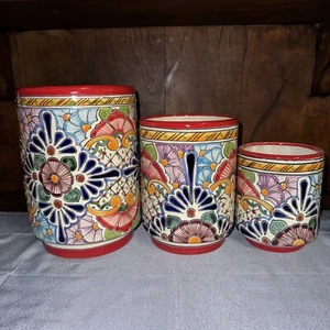 TALAVERA CERÁMICA MEXICANA TRADICIONAL JUEGO DE 3 CILINDROS JARDINERAS - Imagen 1 de 3