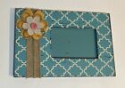 Turquoise & Cream Wooden Picture Frame W/ Burlap Flowers & Pink Button Country