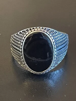 Овальный черный обсидиан драгоценный камень S925 серебро покрытием мужчин заявление кольцо размер 11 - Изображение 1 из 4