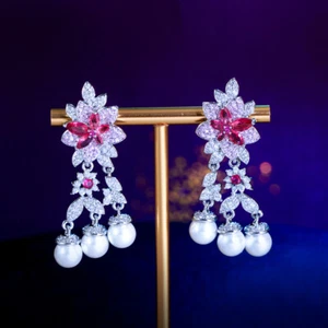 Rose Rot Rosa Blume Perle Ohrhänger Versilbert Braut CZ Schmuck - Bild 1 von 7