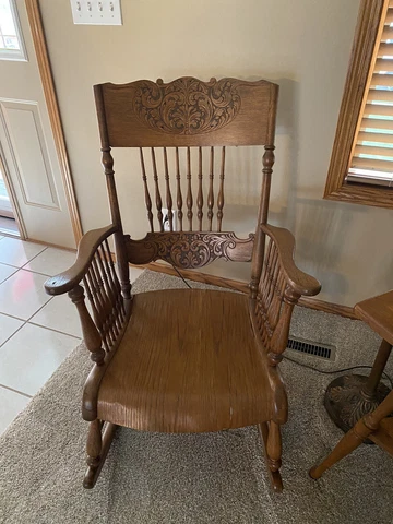 Antique Victorian Tiger Oak Wood Windsor Rocking Arm Chair Turned Spindles Cover