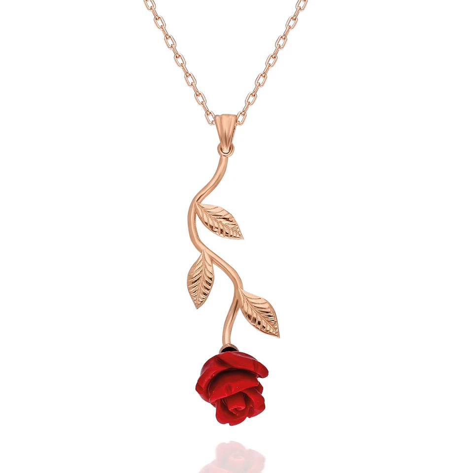 925 Sterling Silver Red Rose Flower Necklace - Image 1 of 1