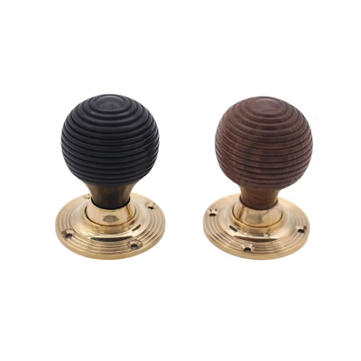 Pure Ebony Wood and Rosewood Beehive Wooden Door Knobs Mortice Polished Brass - Image 1 of 4