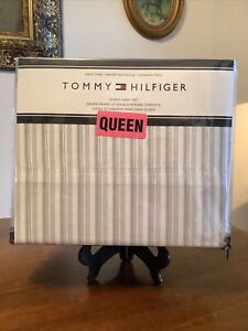 Tommy Hilfiger Queen Sheet Set 4 Pc White/Gray Stripe Standard Pillowcases NIP