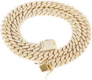 12mm Gold Plated Iced CZ Out Stainless Steel Miami Cuban Link Bracelet or Chain - Picture 1 of 13