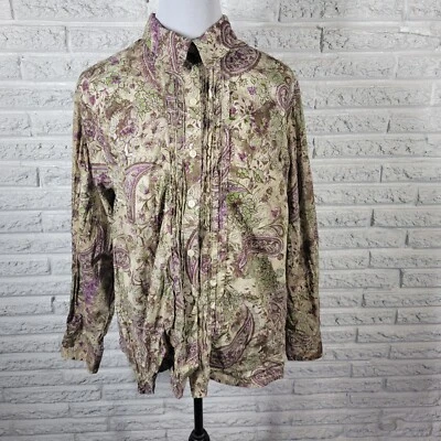 Charter Club Womens Top 20W Plus Long Sleeve Green Paisley Floral Cotton Pintuck - Image 1 of 4